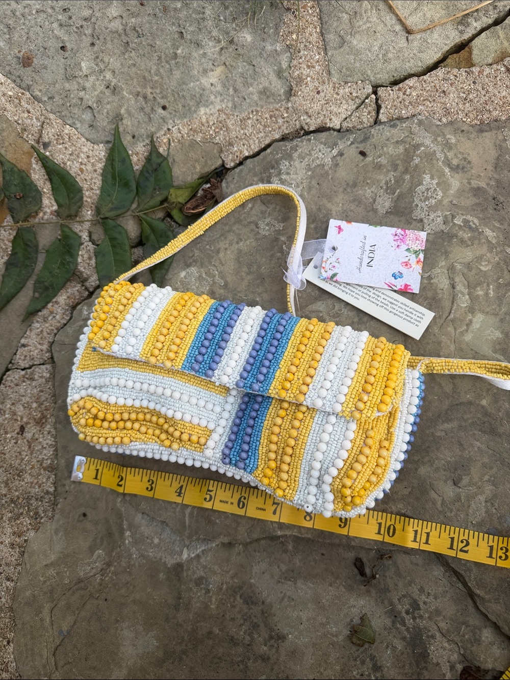 Hand-Beaded Yellow, White & Blue Clutch